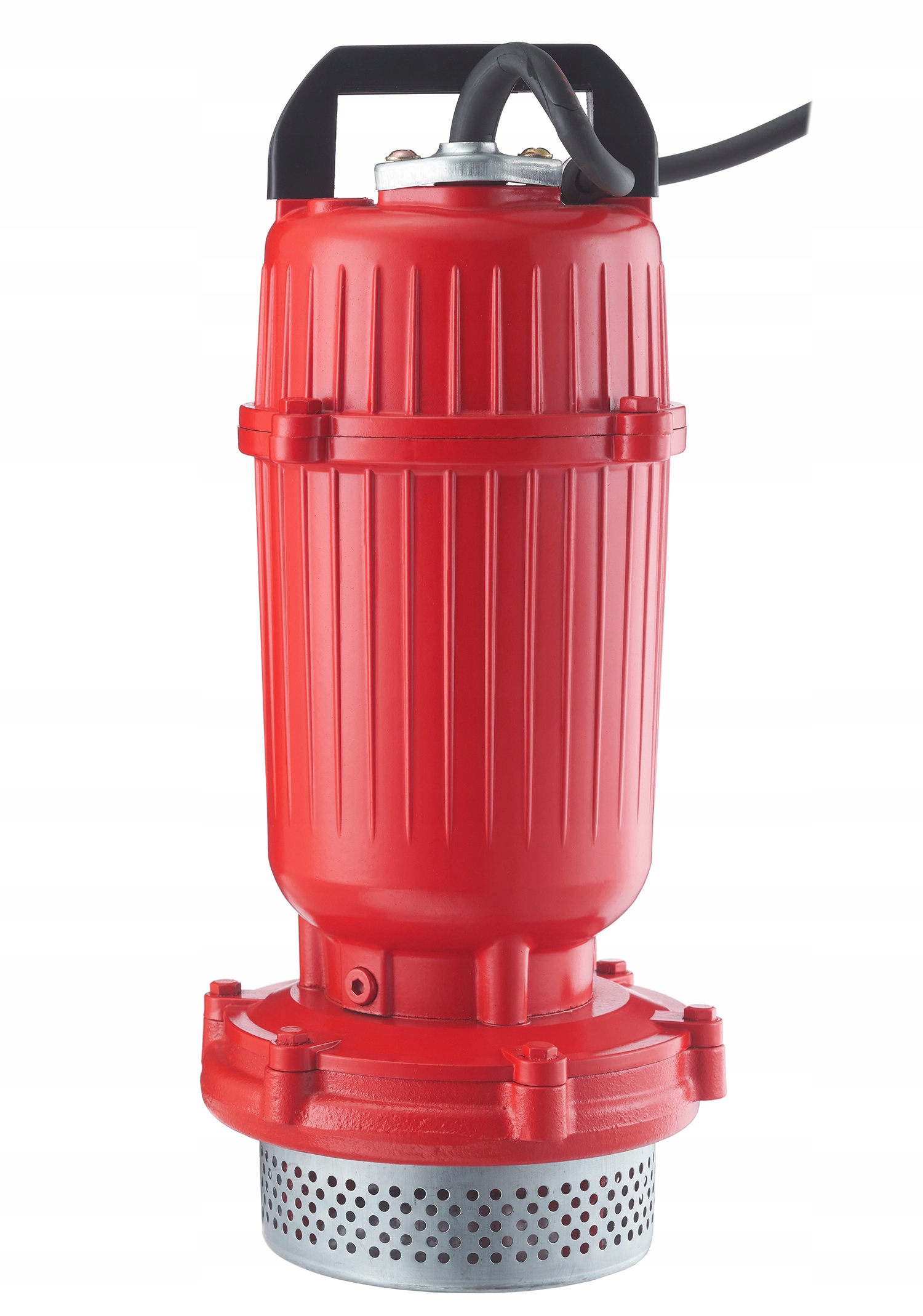 Pompa zanurzeniowa, przeznaczona do pompowania wody, w tym wody brudnej. Urządzenie koloru czerwonego, z czarną rączką i kablem zasilającym oraz metalowymi elementami przy wylocie - ujęcie nr 5